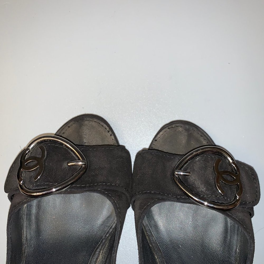 Chanel Black Suede Peep-Toe Wedge Heels - Picture 13 of 13